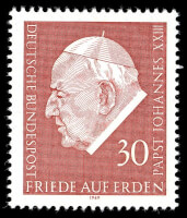 In Duitsland werd in 1969 een postzegel uitgegeven, om de encycliek Pacem in Terris (Vrede op aarde) te eren. / Bron: Publiek domein, Wikimedia Commons (PD)