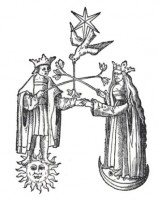 Alchemistische symboliek werd door Jung verbonden met het collectieve onbewuste. Deze gravure is volgens hem het symbool van de ontmoeting van het bewuste (de zon, het mannelijke) met het onbewuste (de maan, het vrouwelijke), de duif van de Heilige Geest symboliseert de vereniging van tegengestelden. / Bron: Anonyme (ouvrage: Le Rosaire des philosophes), Wikimedia Commons (Publiek domein)
