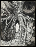 De droom van een patiënt in jungiaanse analyse: een boom, waarvan de wortels een kloof vormen waardoor een pad naar een vallei leidt. / Bron: M.A.C.T., Wikimedia Commons (CC BY-4.0)