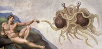 Het Vliegend Spaghettimonster naar 'De schepping van Adam' van Michelangelo Buonarroti / Bron: Niklas Jansson, Wikimedia Commons (Publiek domein)