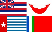 Vlaggen, links boven: Hawaii, rechtsboven: Rapanui, Rechtsonder: Republiek der Zuid-Molukken, Linksonder: West-Papua.