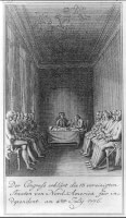 Eerste vergadering van de 13 onafhankelijke staten van Amerika / Bron: Daniel Berger after a sketch of Daniel Chodowiecki, Wikimedia Commons (Publiek domein)
